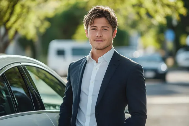Young Asian man in a suit stands beside a white sedan on a sunny street during car appraisal.