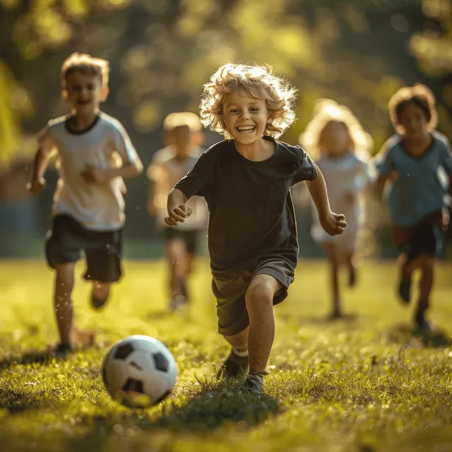 A joyful group of children plays soccer on a sunny day in a grassy park, with one child running and friends in motion.