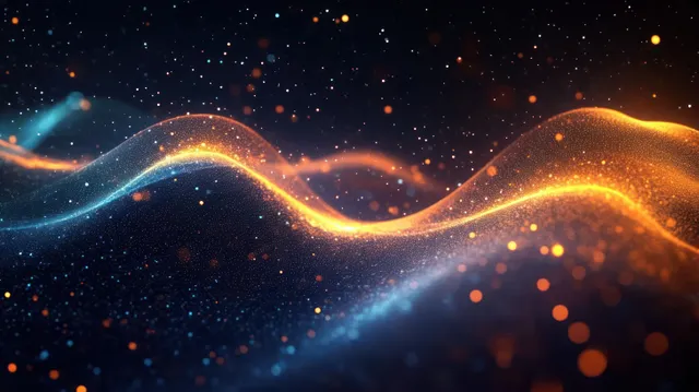 Glowing abstract wave with scattered light particles forming a data network across a dark deep-space background.