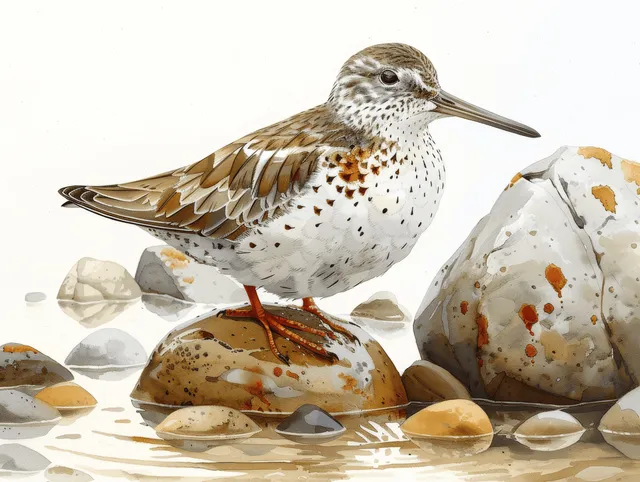 Minke sandpiper shown in side view standing on pebbles and wet sand against a white background.