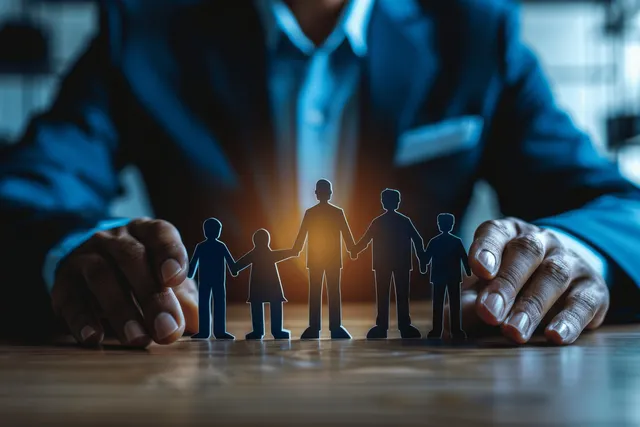 Businessman placing safety hands over miniature family figures on office desk