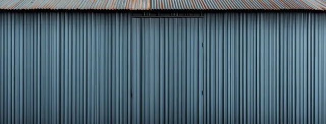 A corrugated grey metal wall shows vertical ridges and faint panel seams across a minimalist facade.