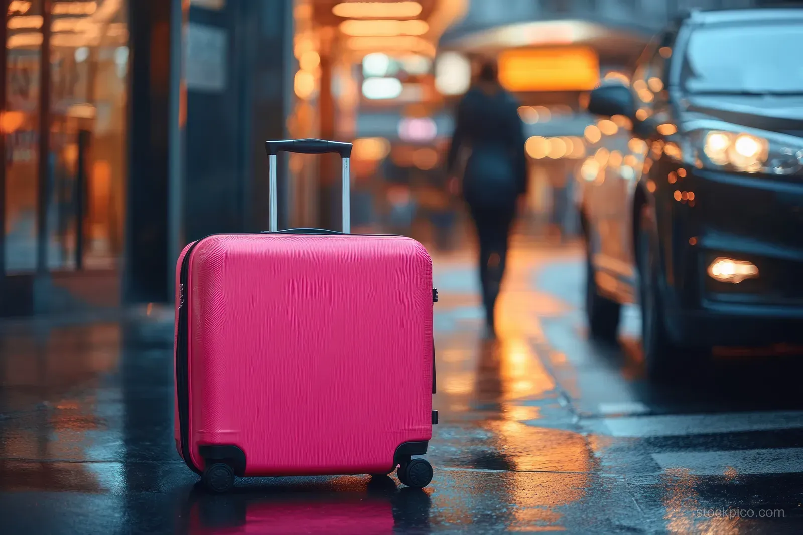 A bright pink suitcase stands on a wet city street beside a taxi with blurred pedestrians behind.