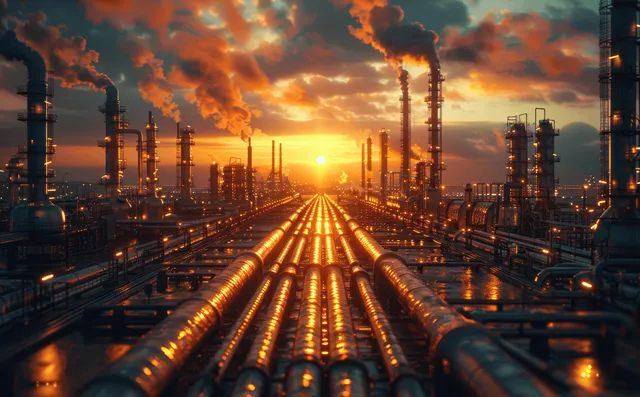 Steel oil pipelines and smokestacks emitting smoke at sunset with sun rays