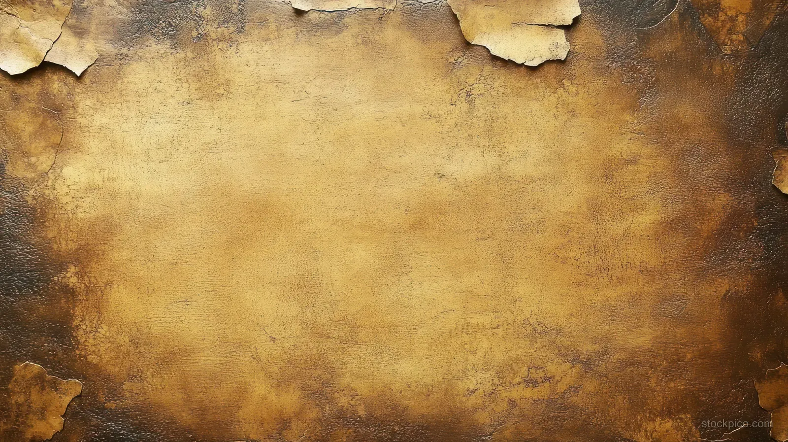 Close-up of a cracked, peeling brown-gold wall surface with rough weathered layers and flaking patches.