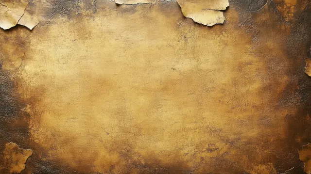 Close-up of a cracked, peeling brown-gold wall surface with rough weathered layers and flaking patches.