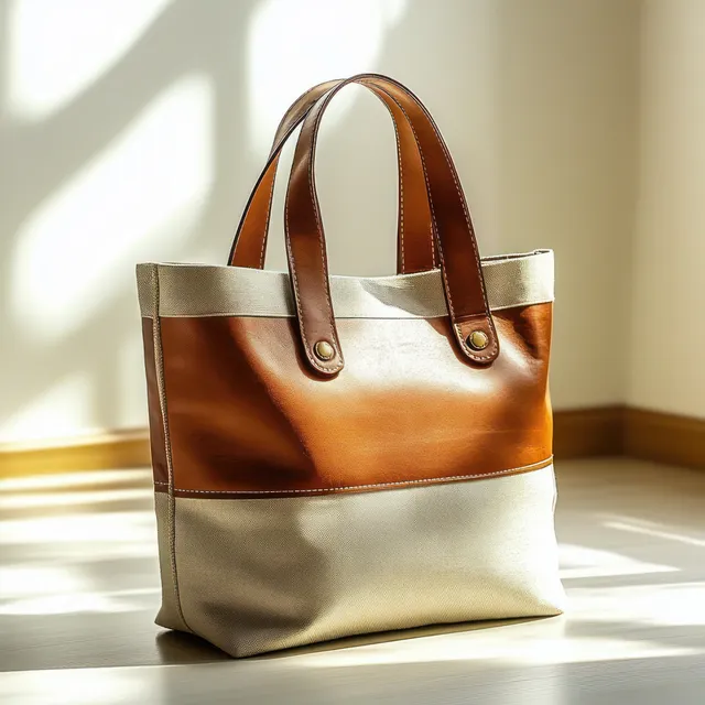 Two-tone canvas and leather tote bag with leather handles standing upright in bright studio sunlight.