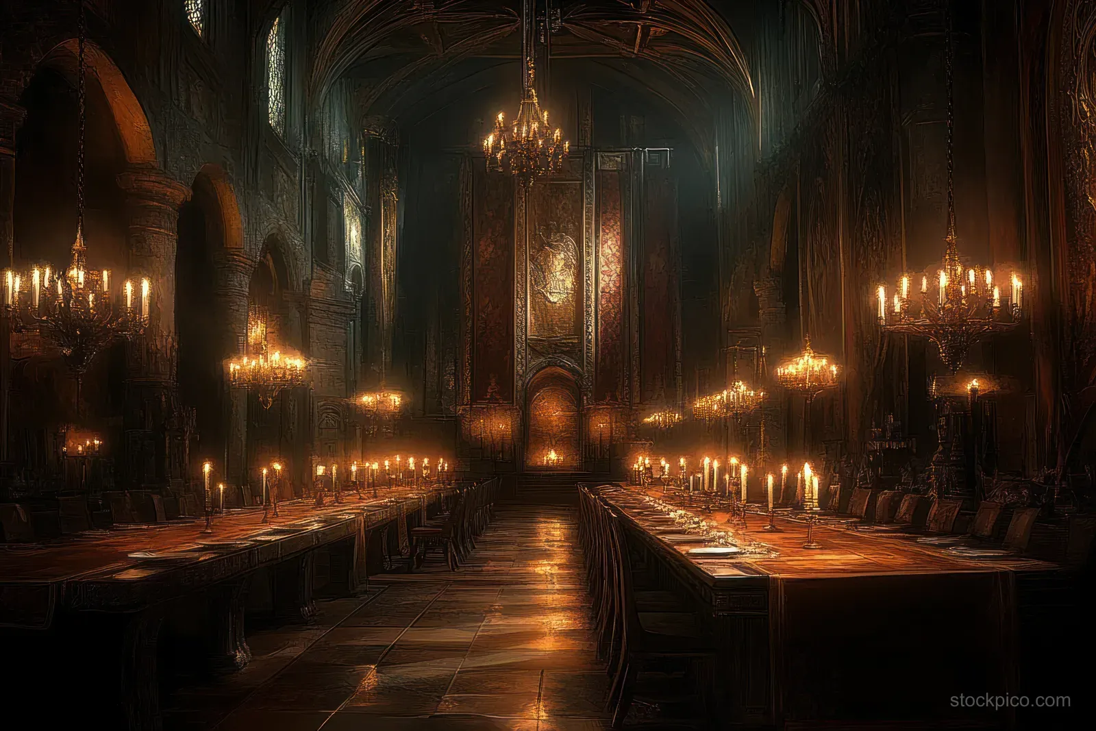 A candlelit fantasy banquet hall with gilded arches, ornate tapestries, and long tables glowing in warm shadows.