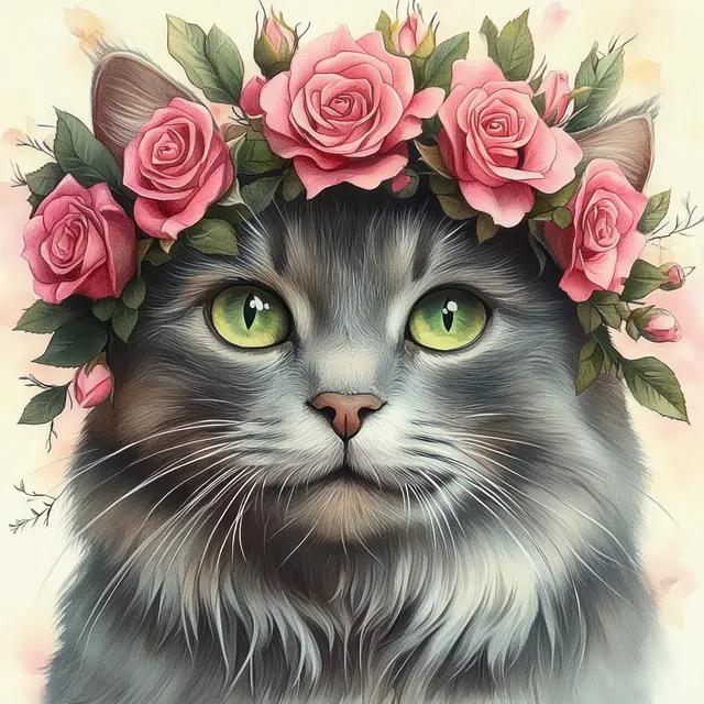 Grey cat portrait framed by pink rose wreath in soft watercolor wash