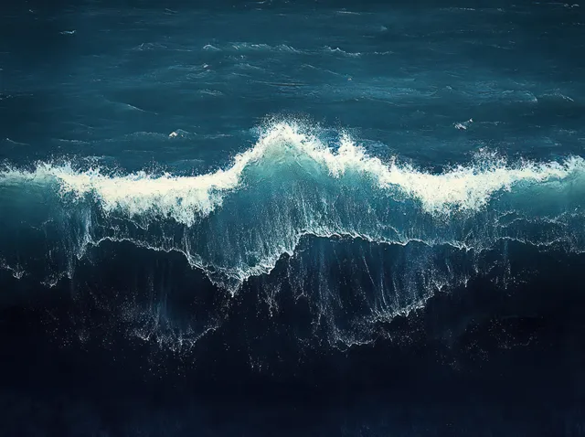 Ocean wave crashes upward, white foam exploding against deep blue twilight water