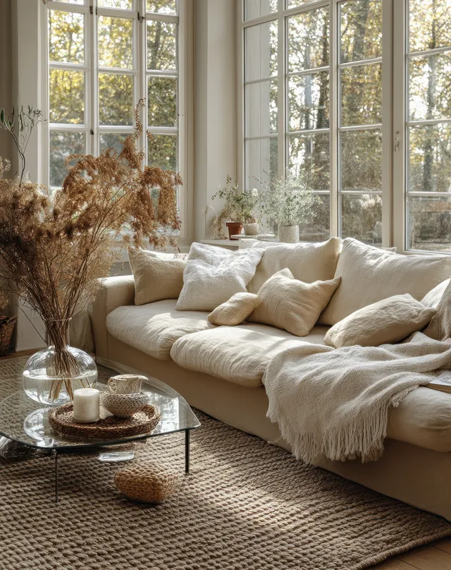 Scandinavian living room with a white sofa, dried flowers on a table, and large windows streaming natural light.