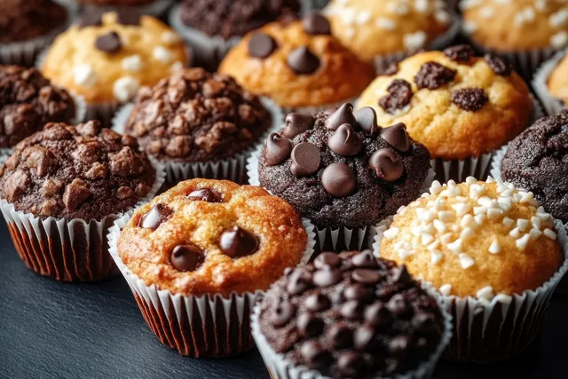Assorted chocolate chip and white chocolate chip muffins piled on a dark slate tray.