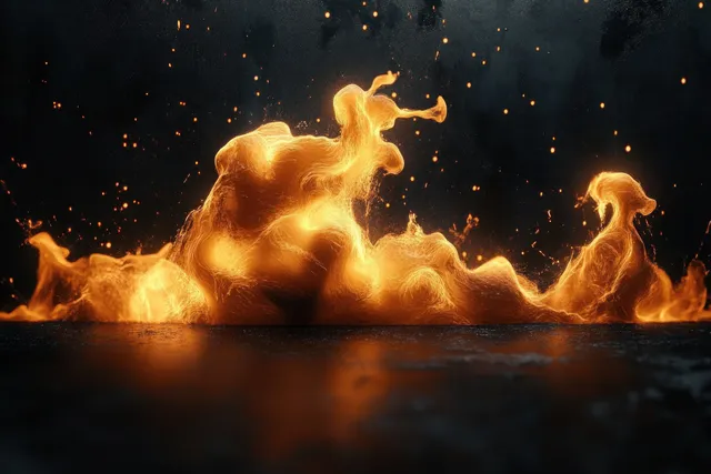 Golden glowing liquid splashes upward on a dark reflective background with scattered sparks.