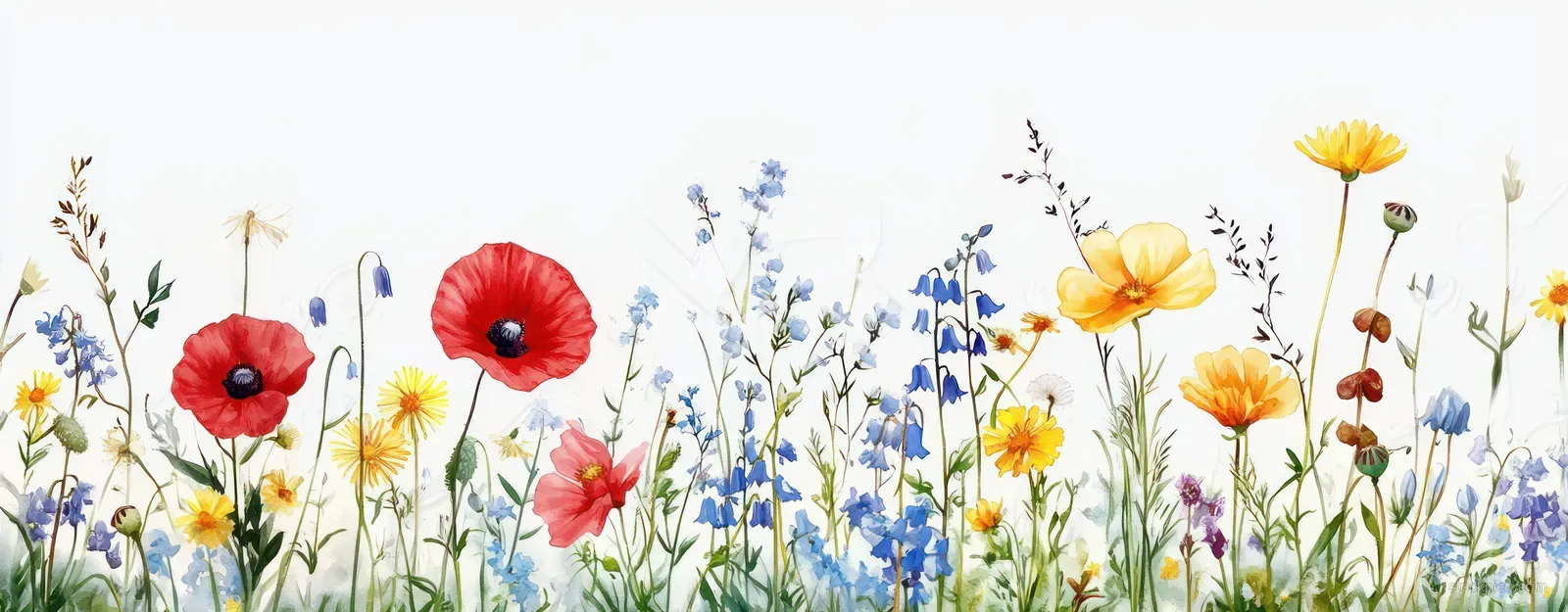 Watercolor meadow of red poppies, yellow dandelions, and bluebells against a light sky background.
