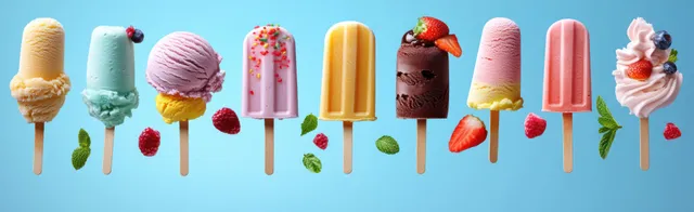 Assorted ice creams and popsicles floating on pastel blue background with sprinkles
