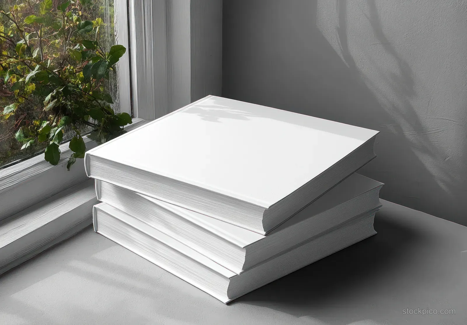 Stack of blank white books on a gray table with soft natural window light and subtle shadows.