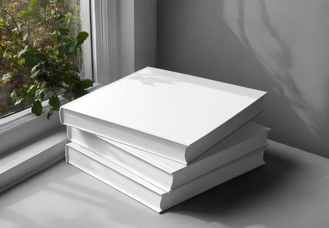Stack of blank white books on gray table under natural window light