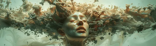 Cabeza humana surrealista rodeada de formas fractales y escombros flotantes en una escena brumosa verde azulado.