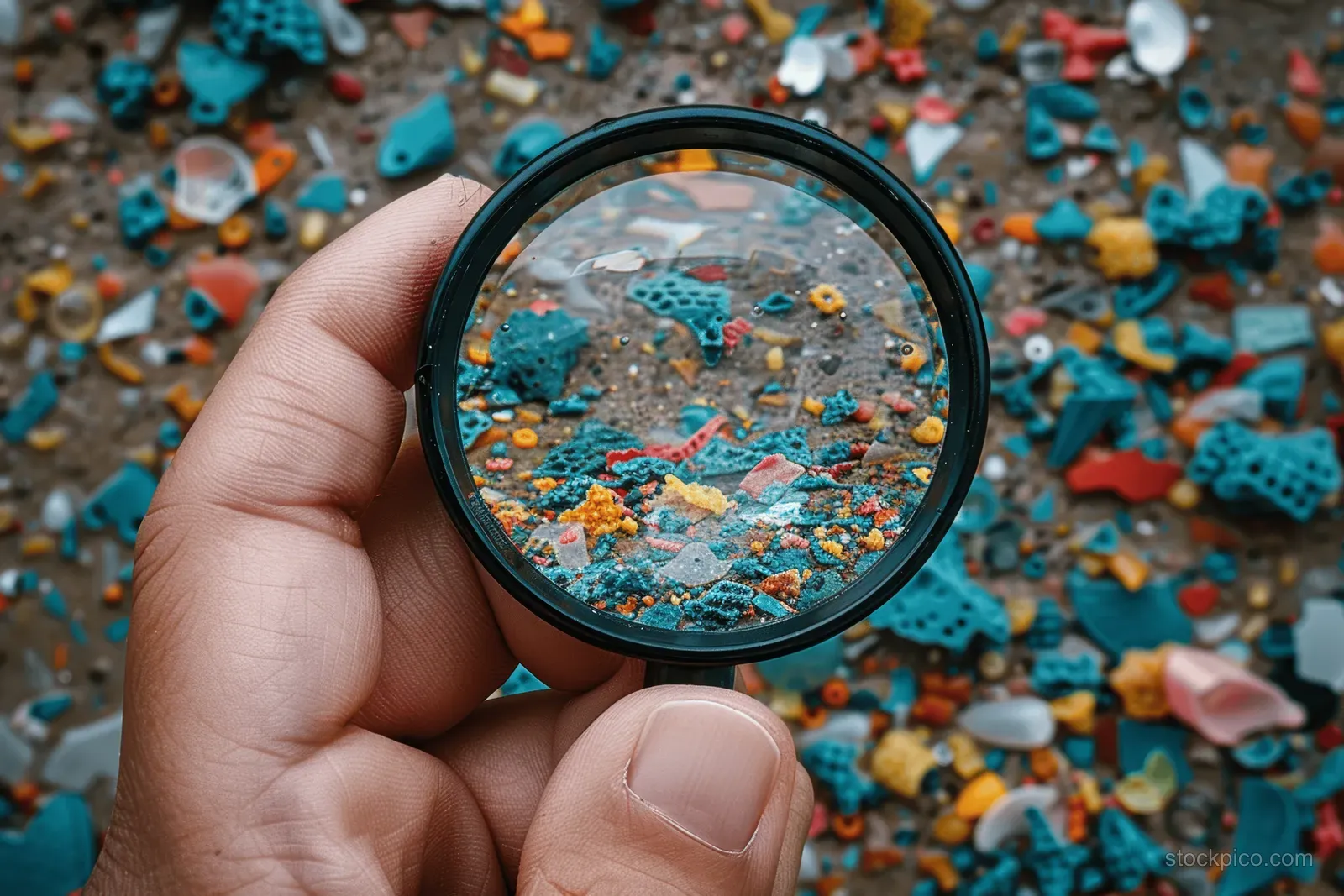 A hand holds a magnifying glass over beach sand containing colorful microplastic fragments.