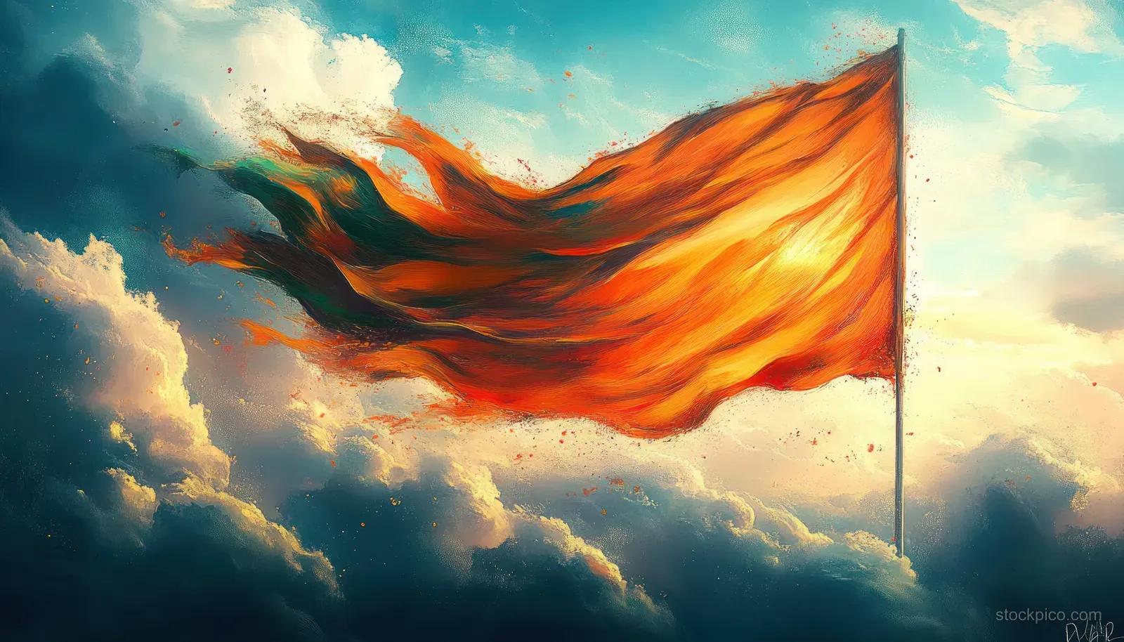 A national flag waves dramatically in the wind against dark storm clouds and glowing highlights.