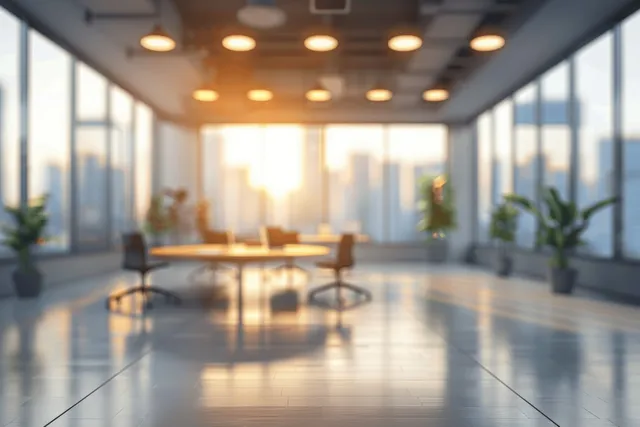 Defocused modern office meeting room with a round table and panoramic windows glowing in bright light.