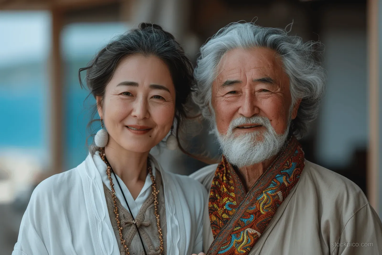 An elderly Asian couple smiles close together outdoors with soft light and a blurred seaside background.