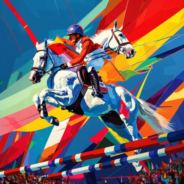 A show jumper rides a horse midair over a striped obstacle with colorful flags behind.