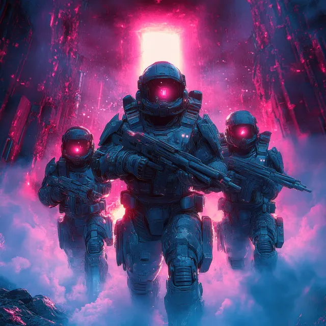 Three armored soldiers with glowing red visors advance through neon fog while holding rifles in a dark cyberpunk street.