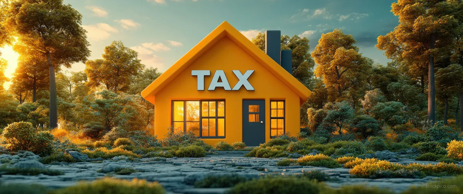 A home with a large TAX sign stands in a landscaped yard under sunset lighting.