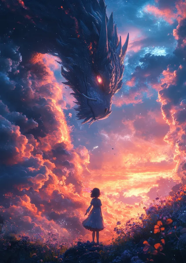 Silhouetted kimono girl casts swirling glowing magic in front of a massive dragon during a pink sunset.