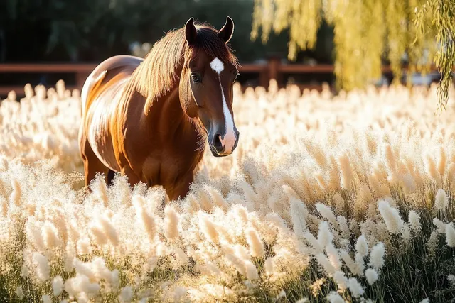 A brown horse stands peacefully in tall fluffy grass under warm golden sunlight with blurred trees behind.