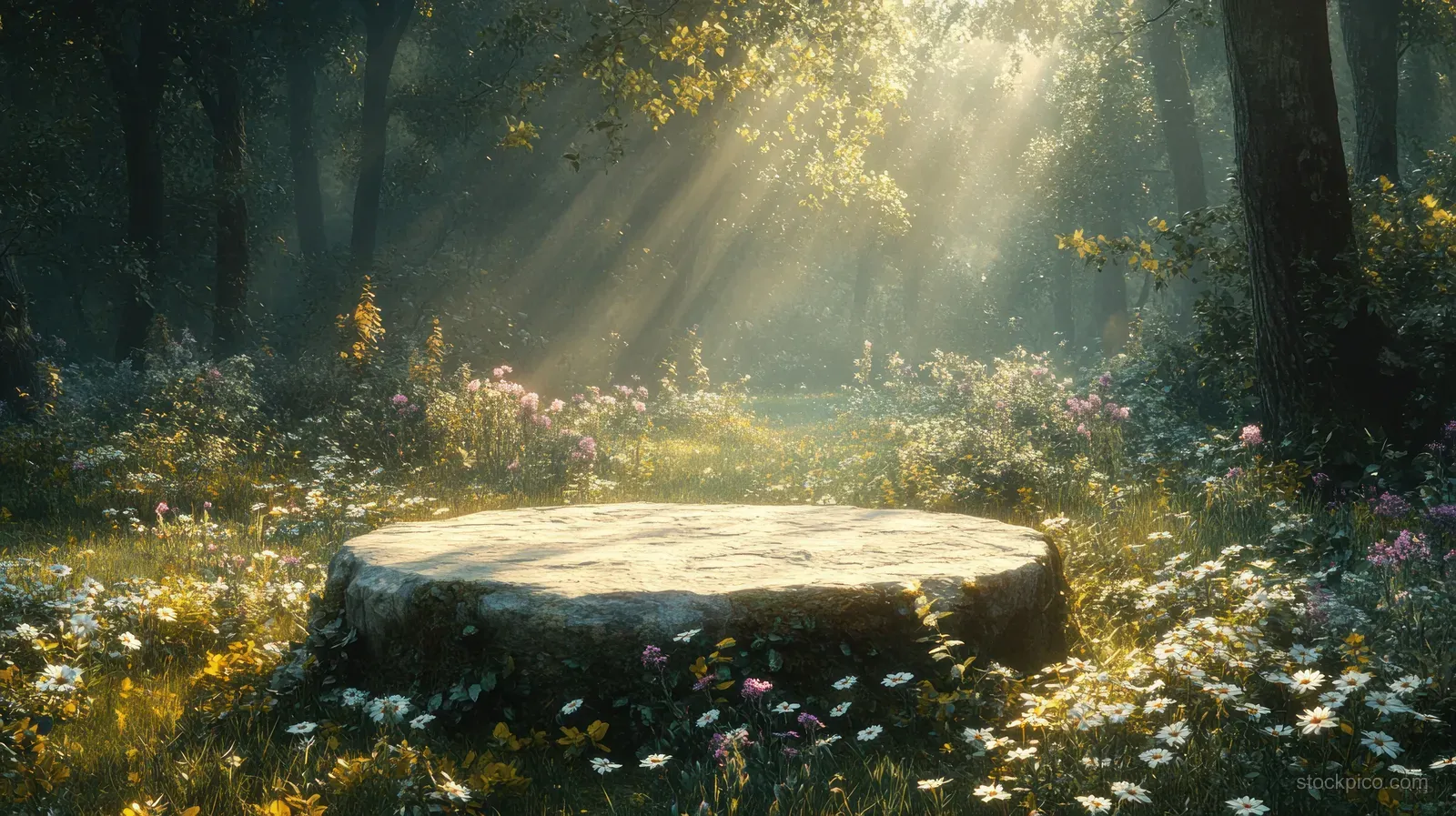 Mossy stone pedestal in a forest clearing with daisies and golden sunlight filtering through trees.