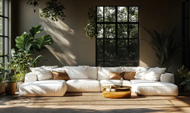 Sunlight falls across a white sectional sofa and a gold coffee table in a neutral living room.