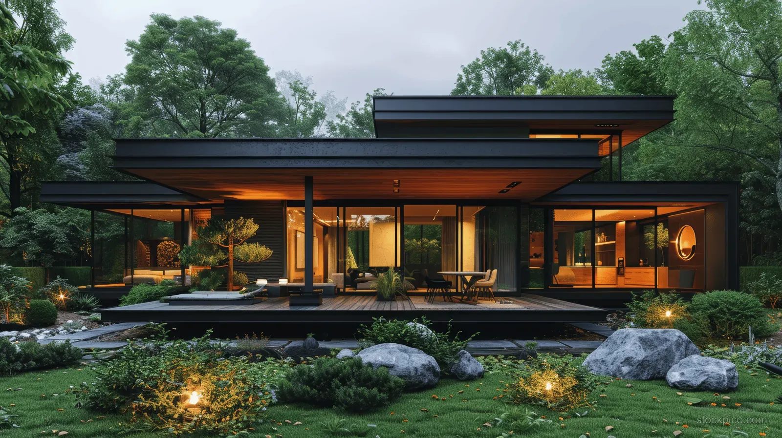 Ultra-modern black house exterior with timber deck, glowing windows, and landscaped backyard stones at dusk.
