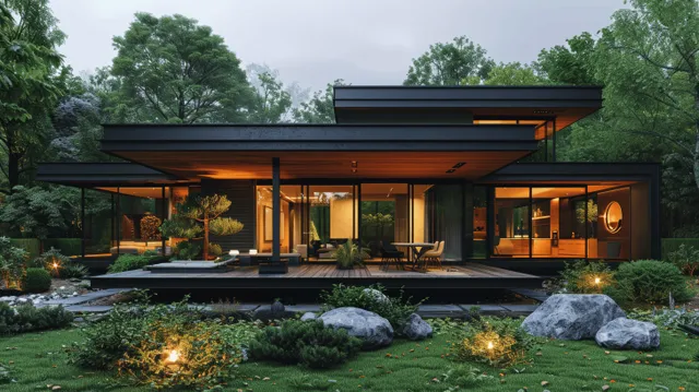 Ultra-modern black house exterior with timber deck, glowing windows, and landscaped backyard stones at dusk.