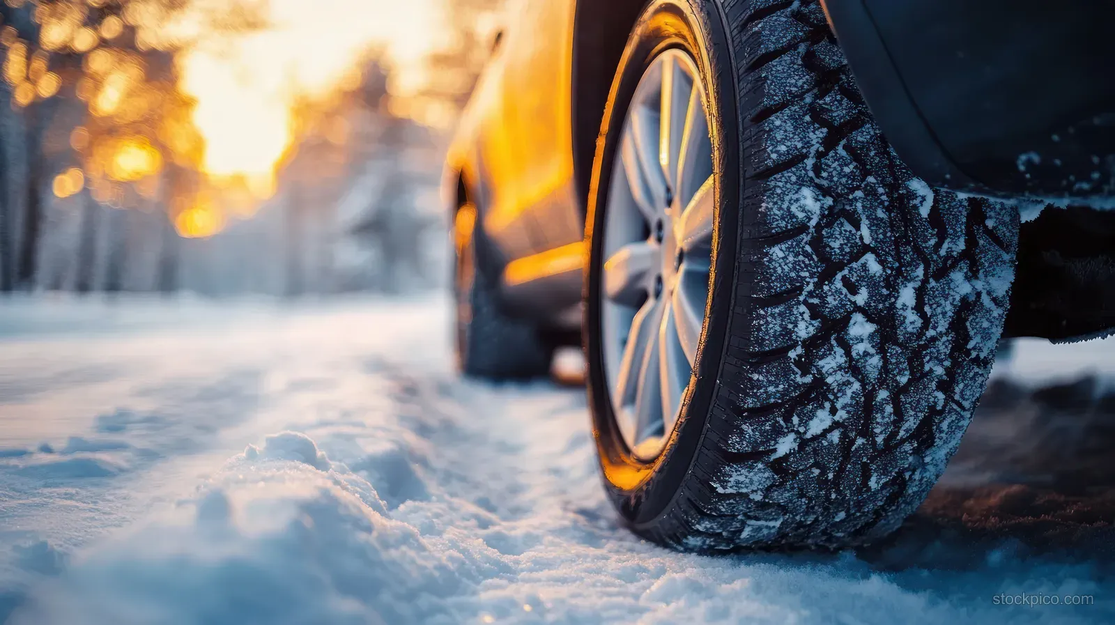 Close-up winter car tire with deep snow tread on a snowy road under morning sunlight.