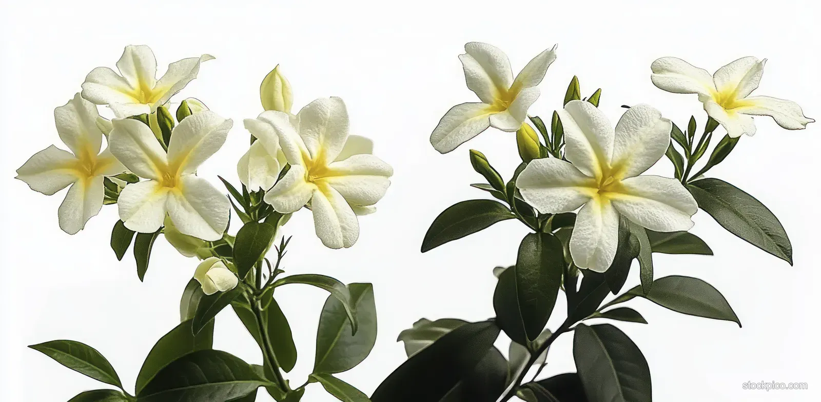 White star-shaped flowers with yellow centers and dark green leaves clustered against a bright white background.