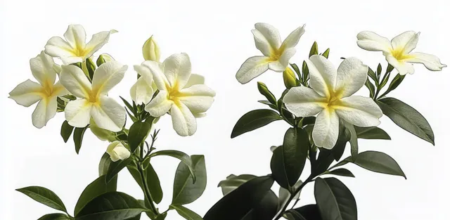 White star-shaped flowers with yellow centers and dark green leaves clustered against a bright white background.