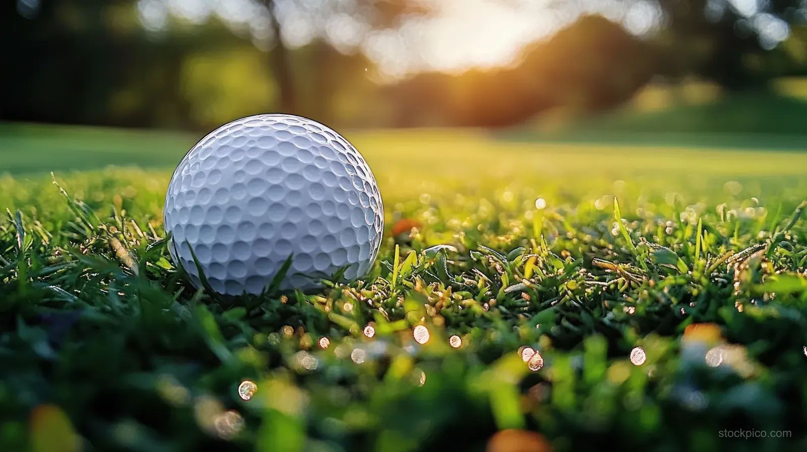 White golf ball sits on green grass with warm sun flare and blurred background trees.