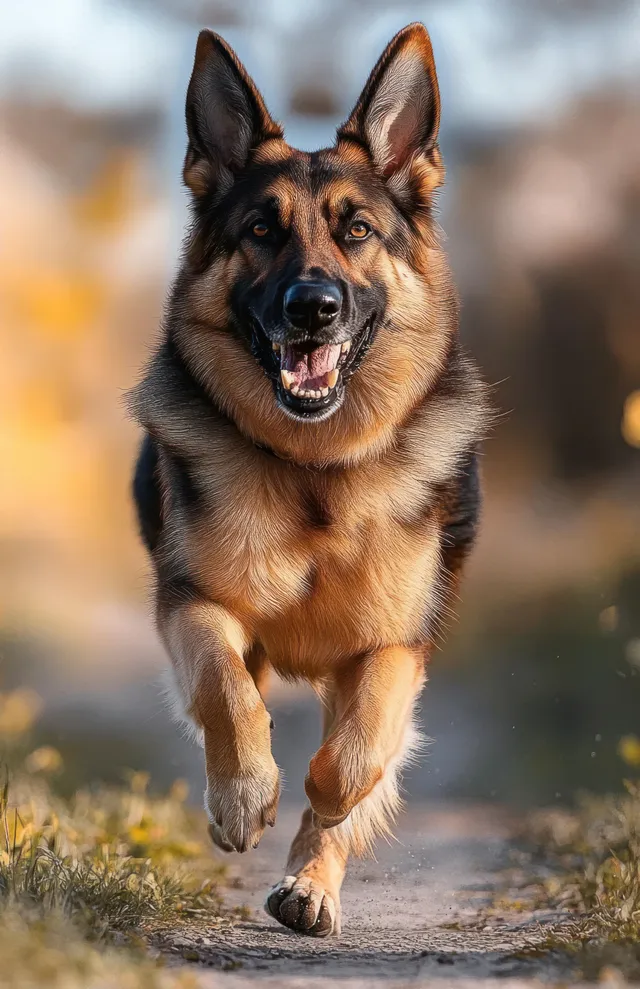 German shepherd dog sprinting along an autumn trail, motion blur and warm golden light