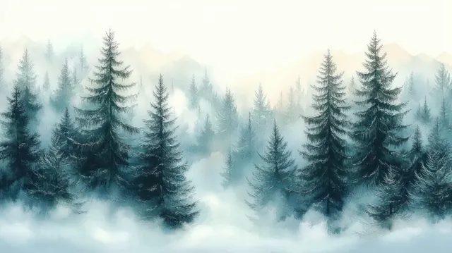 Misty watercolor winter forest with snow-laden pine trees fading into blue foggy hills