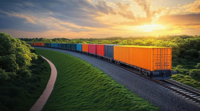 Orange container freight wagons travel along a curved railway track beside green fields at sunset.