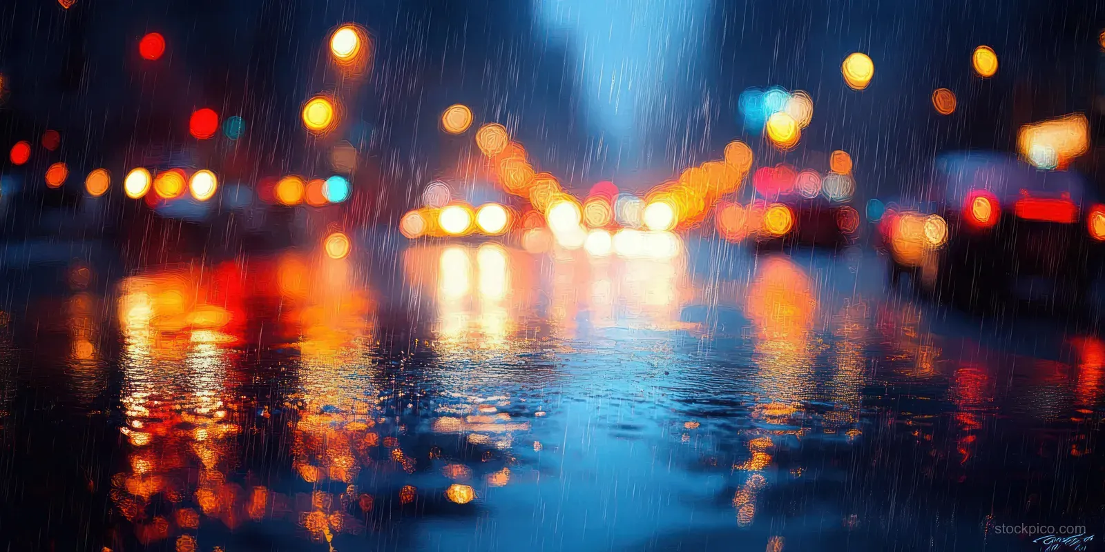 Rain falls on a nighttime city street where blurred traffic lights reflect across shiny wet pavement.