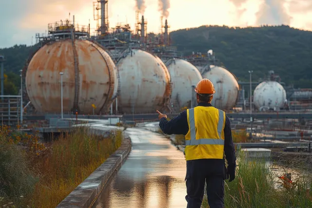 Industrial worker in safety vest pointing along wet path toward spherical refinery storage tanks