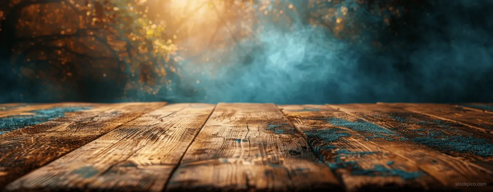Weathered wooden tabletop in warm sunlight with blue mist and a blurred background providing copy space.
