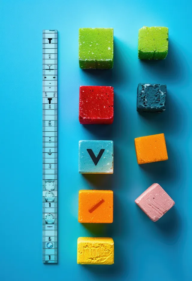 Colorful square candies are arranged near a light blue measuring tape on a bright blue background.