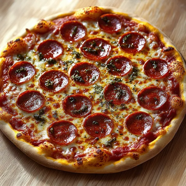 A freshly baked pepperoni pizza with melted cheese and tomato sauce on a wooden board.