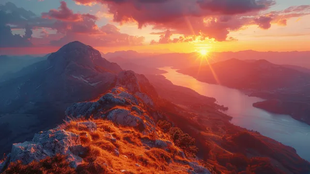 Team of hikers assisting on mountain ridge at sunset, reaching summit together