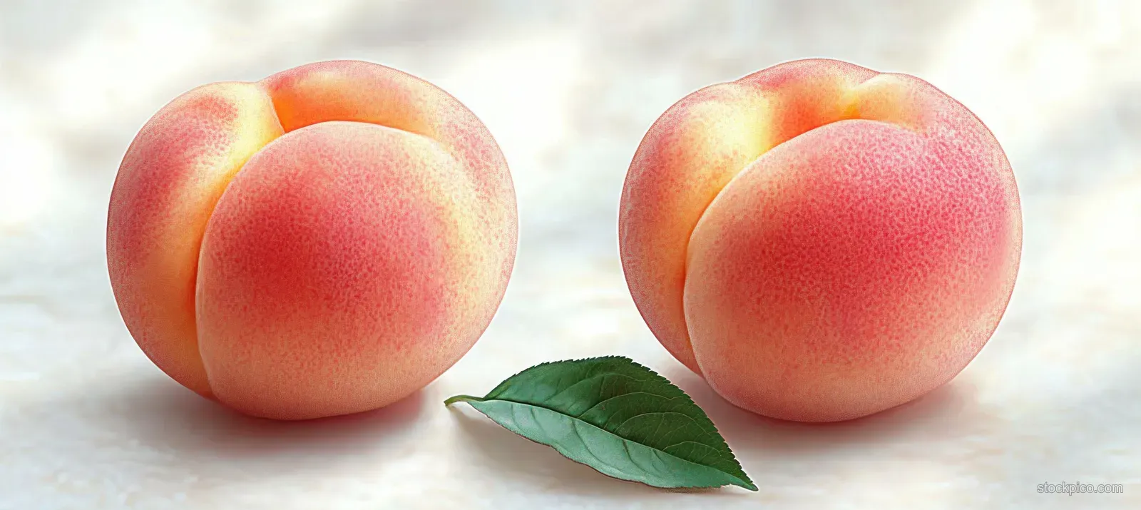 Two ripe peaches on a white surface with a green leaf and softly lit textured skin.