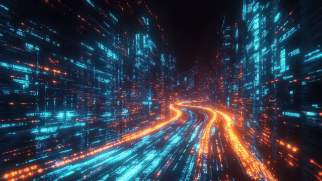 Hyperloop tunnel portal shoots neon light trails through futuristic city skyline at night
